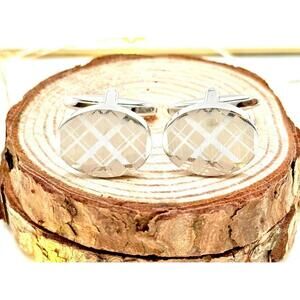 Vintage Guilloché Silver Tone Oval Cufflinks Engraved Geometric Diamond Pattern